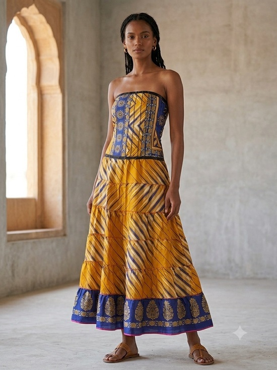 Junglee Bille Dresses & Skirts - Boho Strapless Tiered Silk Maxi Dress – Yellow & Blue Pattern